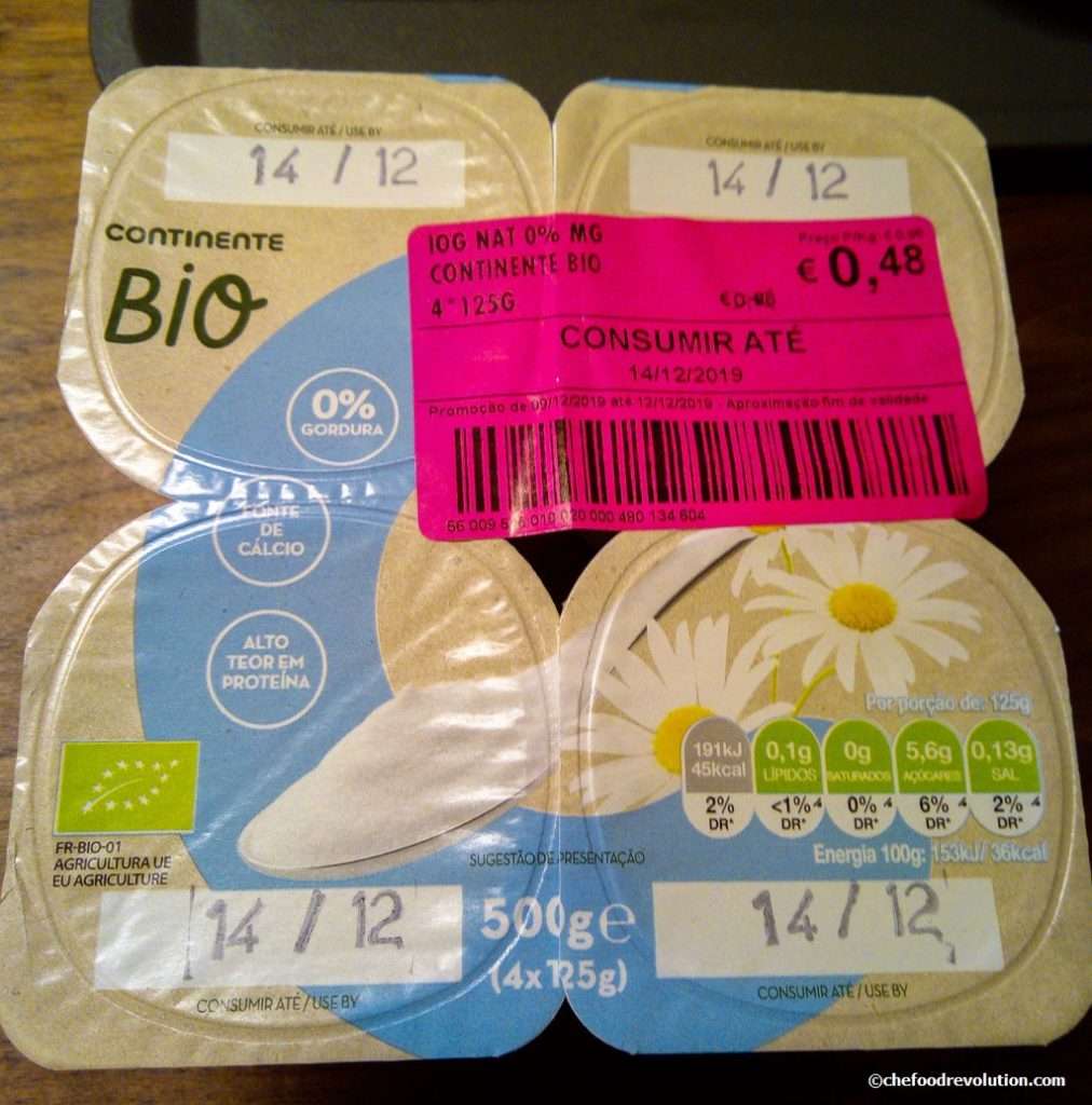 Pack of yoghurt close to its sell-by date and on special offer