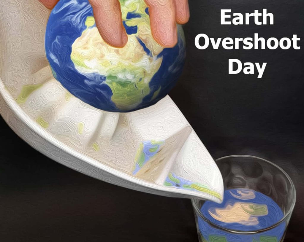 Dünya'yı bir limon sıkacağında sıkan bir eli gösteren, çizim benzeri fotoğraf kompozisyonu; Dünya'nın tipik renklerinden oluşan “meyve suyu” bir bardağa dökülmekte